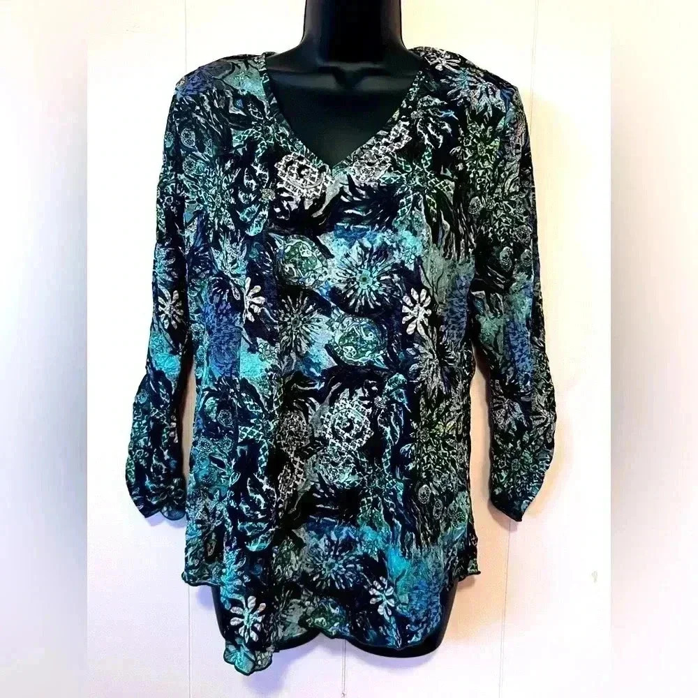 Sno Skins Women's Sz M 3/4 Gathered‎ Sleeve V-Neck Blouse Floral